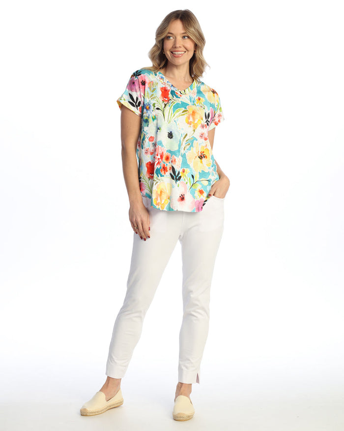 "Blooming" Cotton Modal Easy Fit Short Sleeve V-Neck Top - KM2-2112 - Limited Sizes!