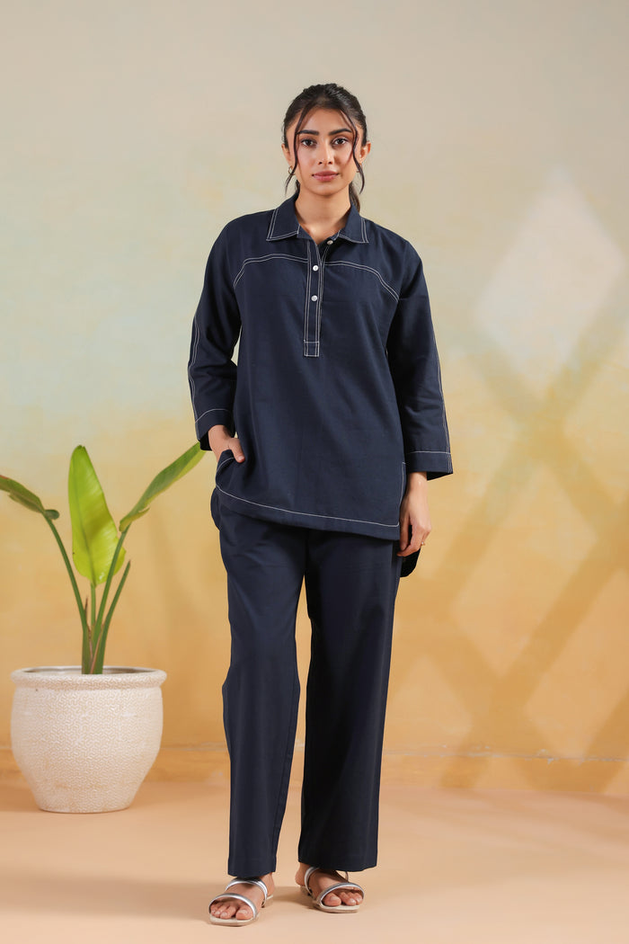 Blue Classic Navy Stitch Detail Solid Casual Cotton Flex Co-ord Set