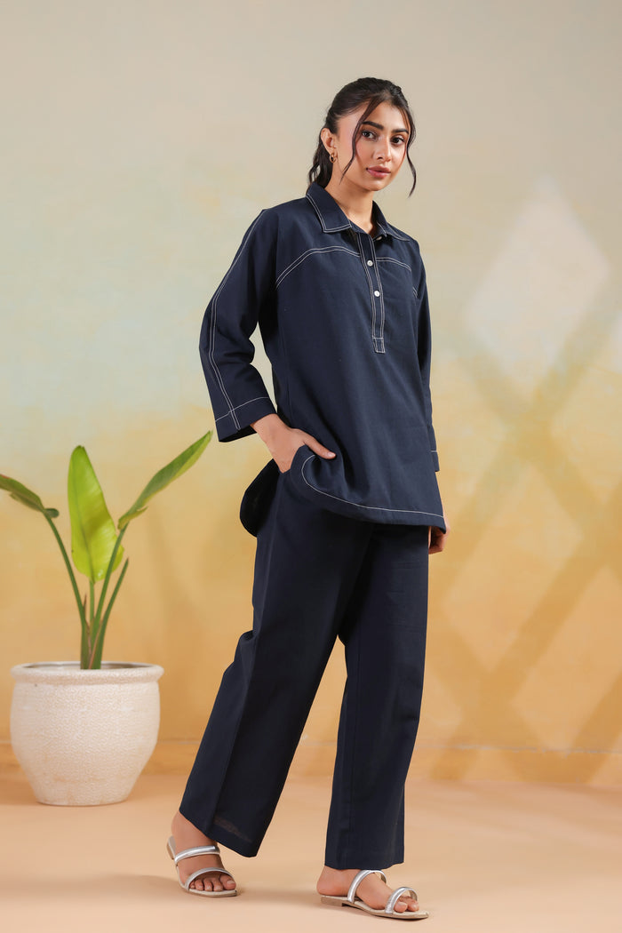 Blue Classic Navy Stitch Detail Solid Casual Cotton Flex Co-ord Set