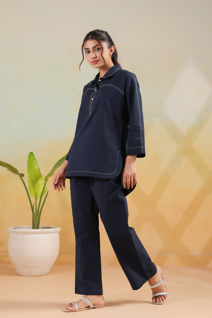 Blue Classic Navy Stitch Detail Solid Casual Cotton Flex Co-ord Set