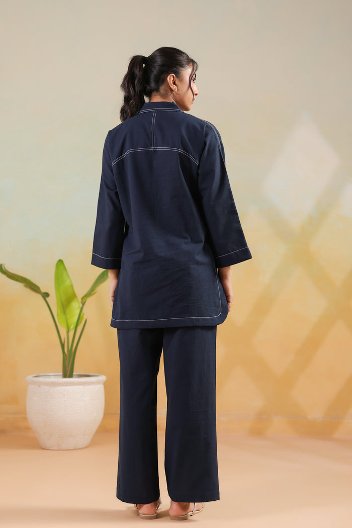 Blue Classic Navy Stitch Detail Solid Casual Cotton Flex Co-ord Set