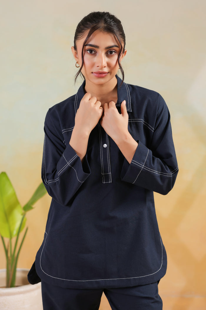 Blue Classic Navy Stitch Detail Solid Casual Cotton Flex Co-ord Set