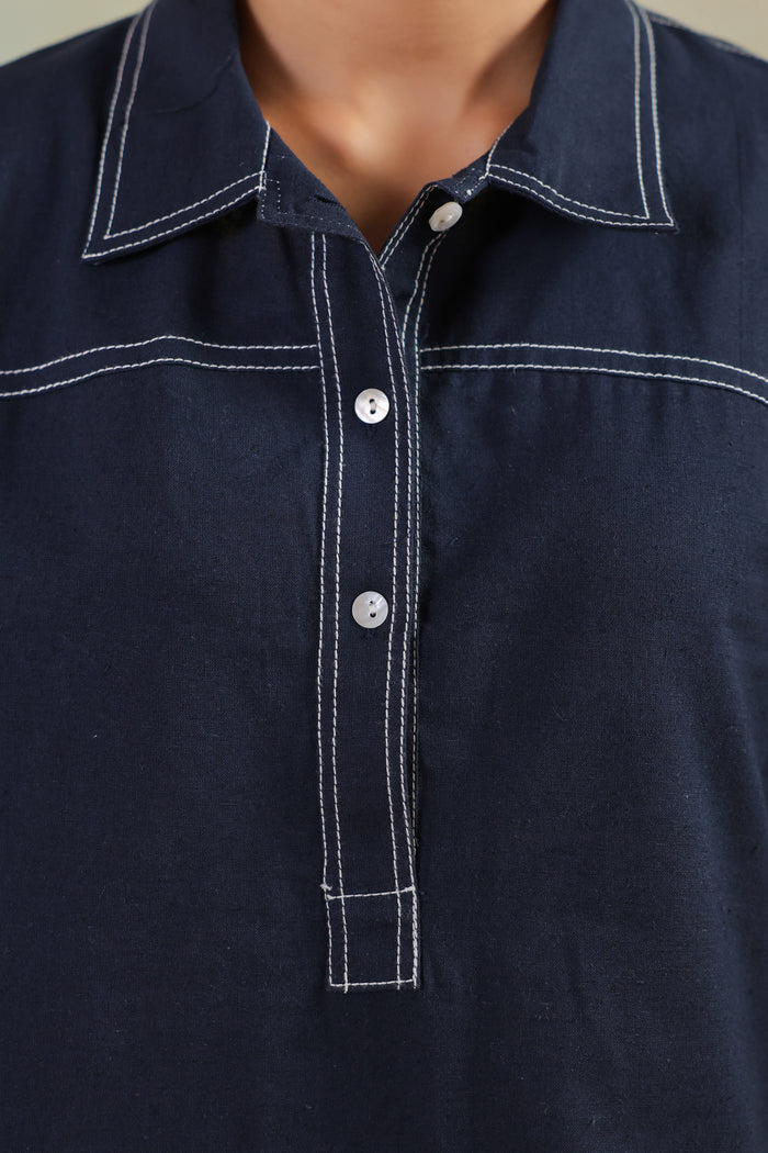 Blue Classic Navy Stitch Detail Solid Casual Cotton Flex Co-ord Set