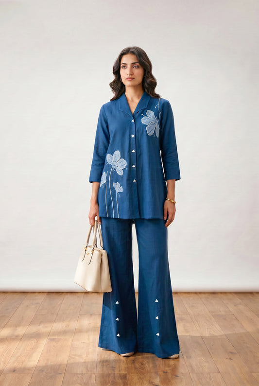 Blue Floral Applique Relaxed Fit Cotton Flex Co-ord Set