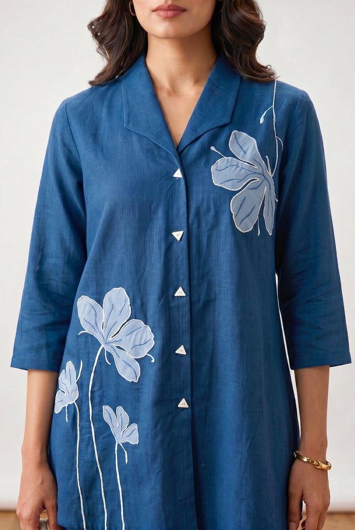 Blue Floral Applique Relaxed Fit Cotton Flex Co-ord Set