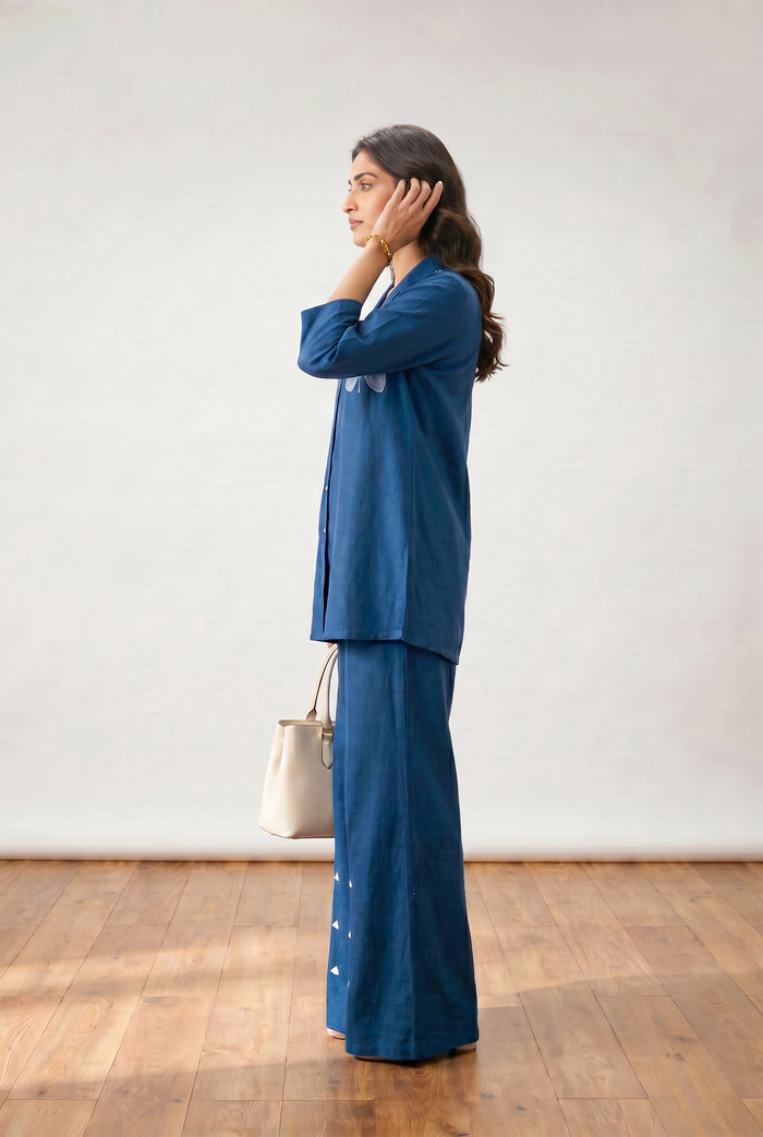 Blue Floral Applique Relaxed Fit Cotton Flex Co-ord Set