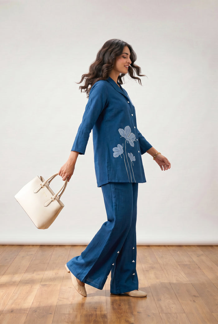 Blue Floral Applique Relaxed Fit Cotton Flex Co-ord Set