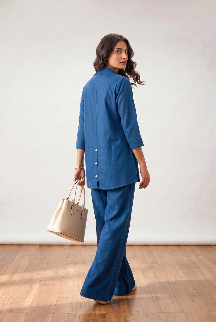 Blue Floral Applique Relaxed Fit Cotton Flex Co-ord Set