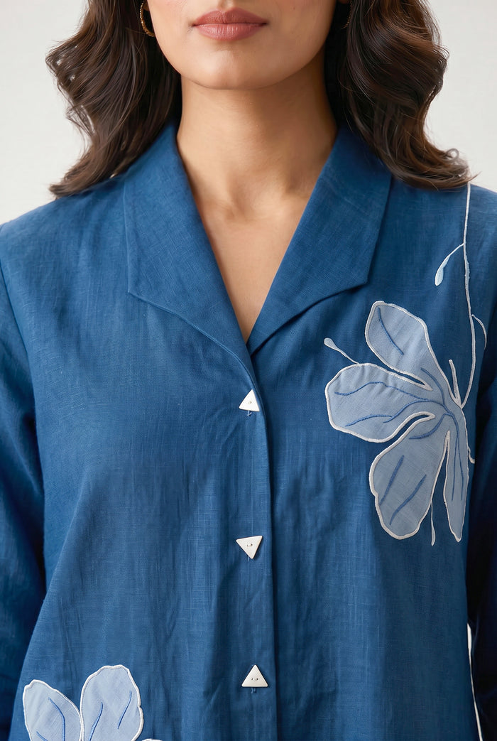 Blue Floral Applique Relaxed Fit Cotton Flex Co-ord Set