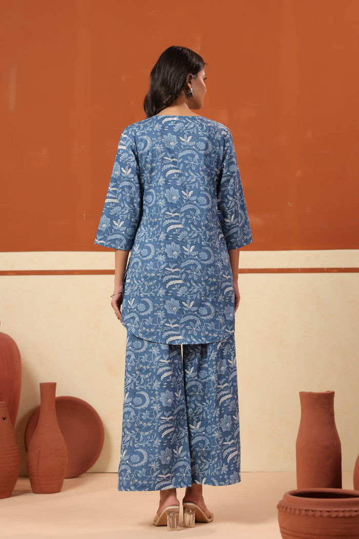 Blue Floral Jaal Printed Straight Cotton Co-ord Set