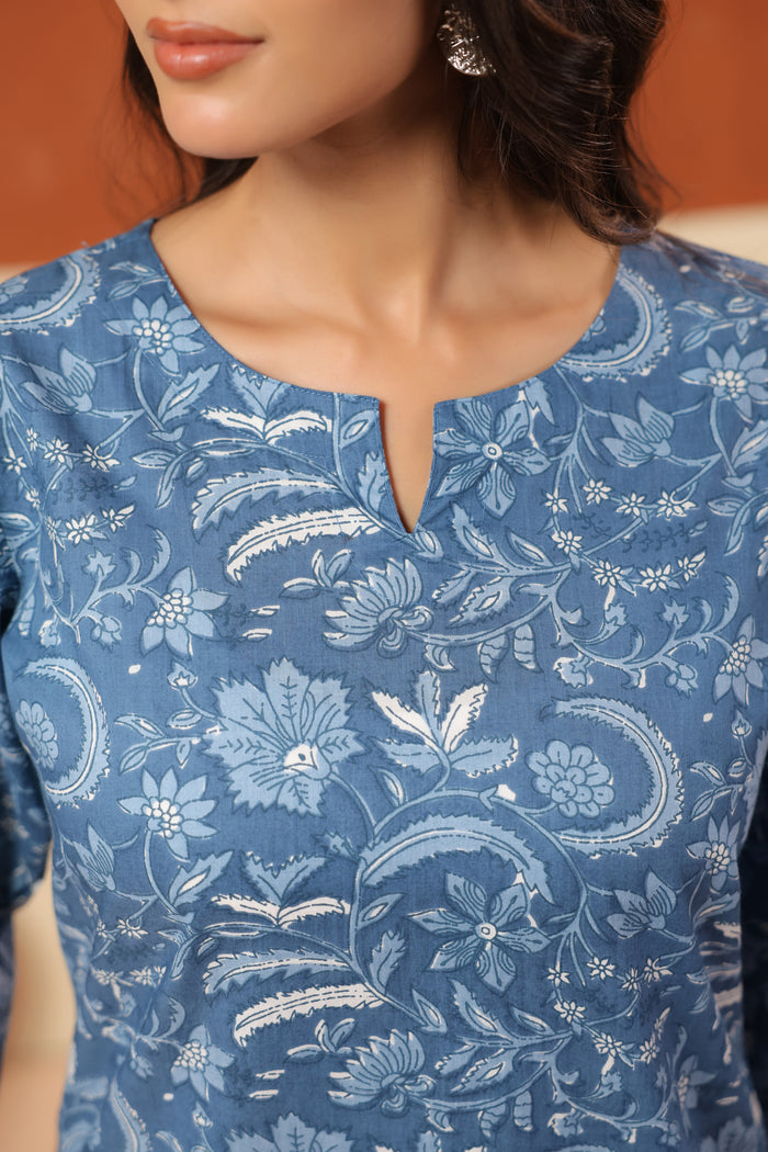 Blue Floral Jaal Printed Straight Cotton Co-ord Set