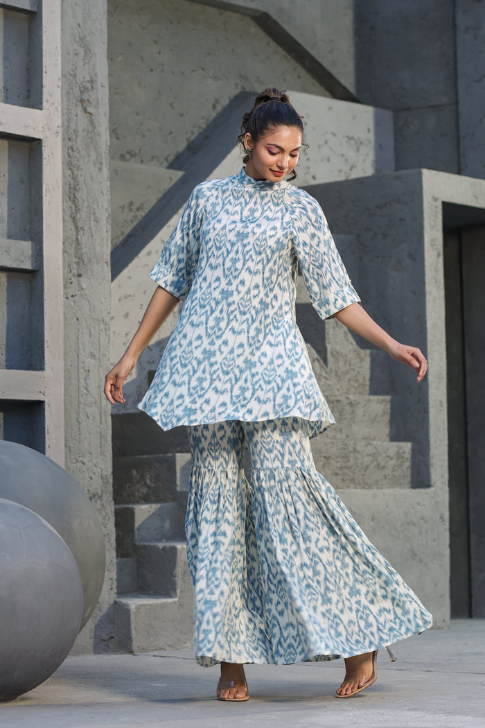 Blue Ikat on Russian Silk Sharara Co-ord Set
