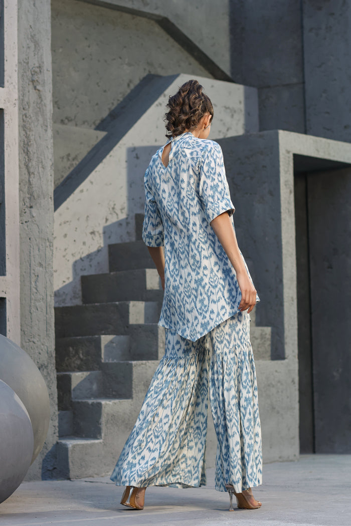 Blue Ikat on Russian Silk Sharara Co-ord Set