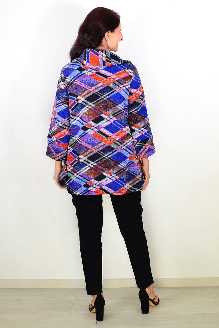 Blue and red geometric winter tunic top by Wishstone, featuring a stylish pattern and comfortable fit.