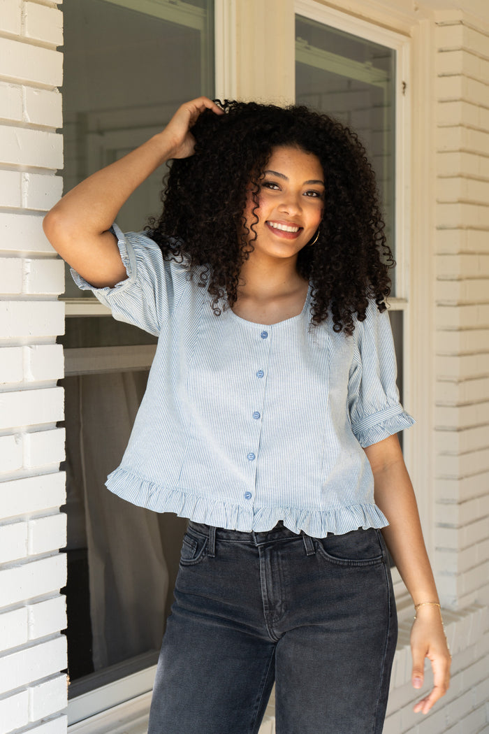 Blue Ruffle Hem Blouse