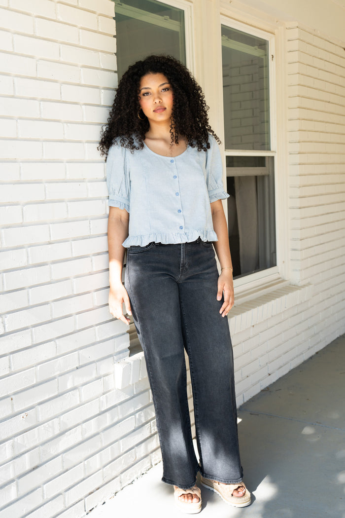 Blue Ruffle Hem Blouse