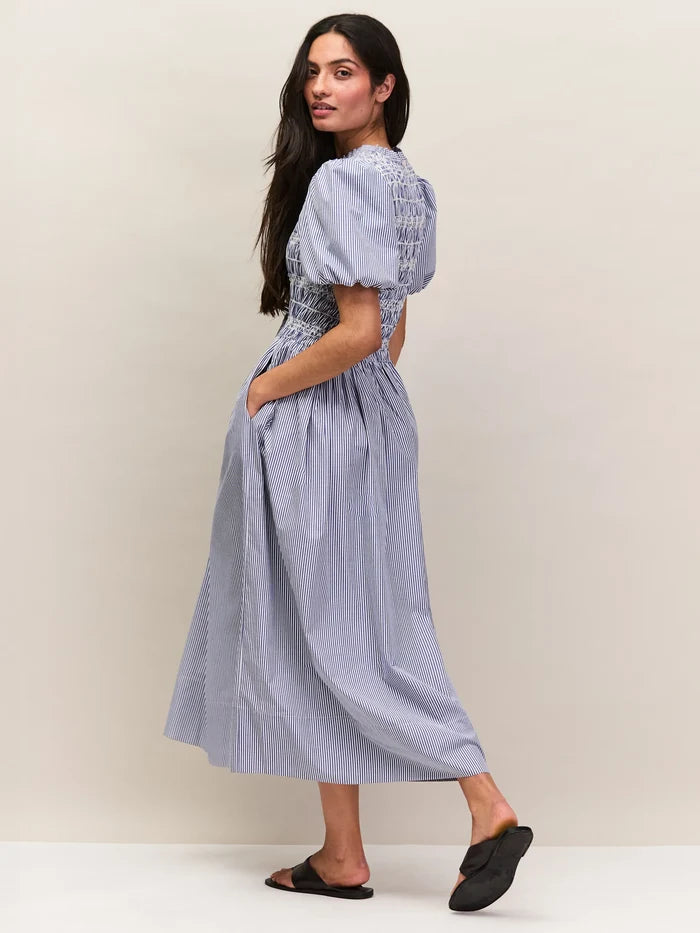 Blue stripe cotton dress with elasticated shirred bodice detail