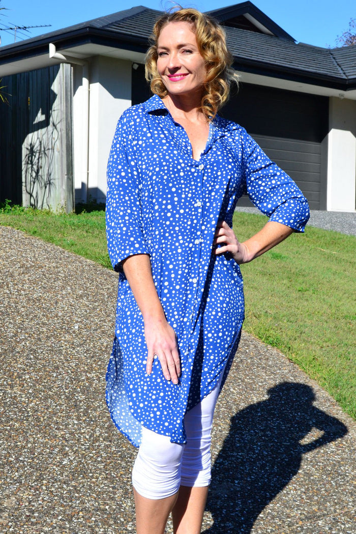 Blue and white spot long tunic shirt from Hourglass, featuring a relaxed fit and stylish design.