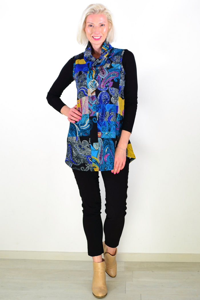 Blue Yellow Paisley Print Cowl Neck Tunic Top