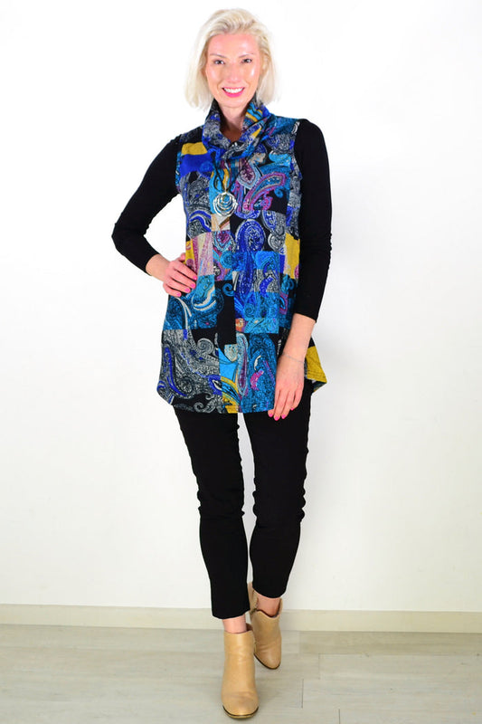 Blue Yellow Paisley Print Cowl Neck Tunic Top