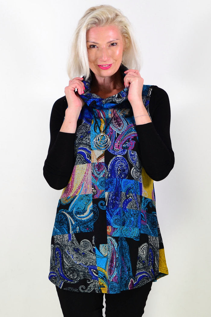 Blue Yellow Paisley Print Cowl Neck Tunic Top