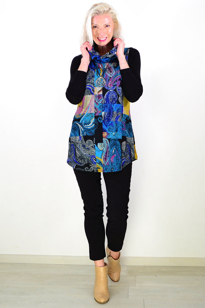 Blue Yellow Paisley Print Cowl Neck Tunic Top