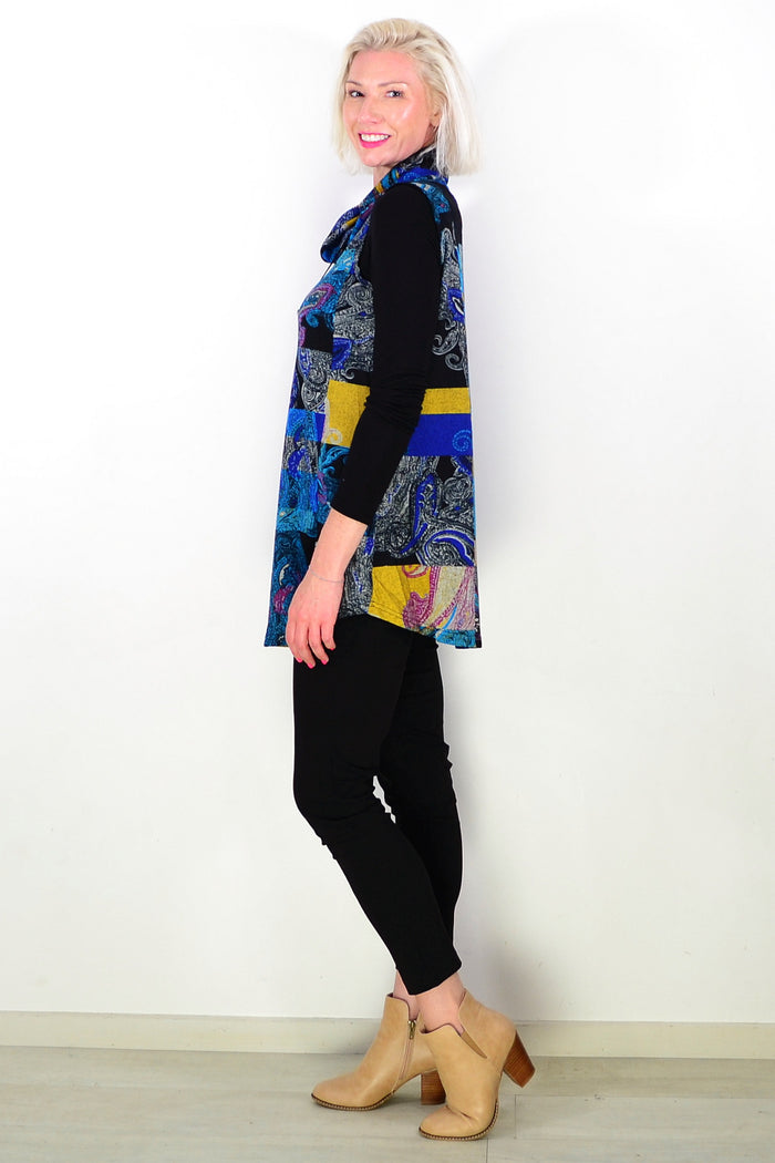 Blue Yellow Paisley Print Cowl Neck Tunic Top