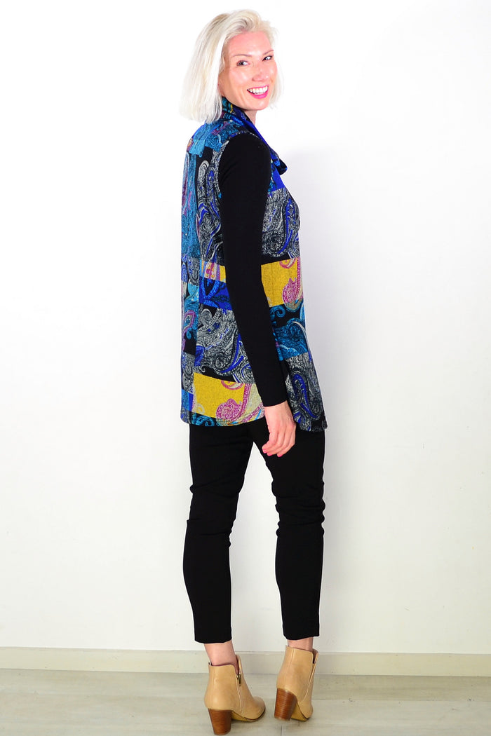 Blue Yellow Paisley Print Cowl Neck Tunic Top