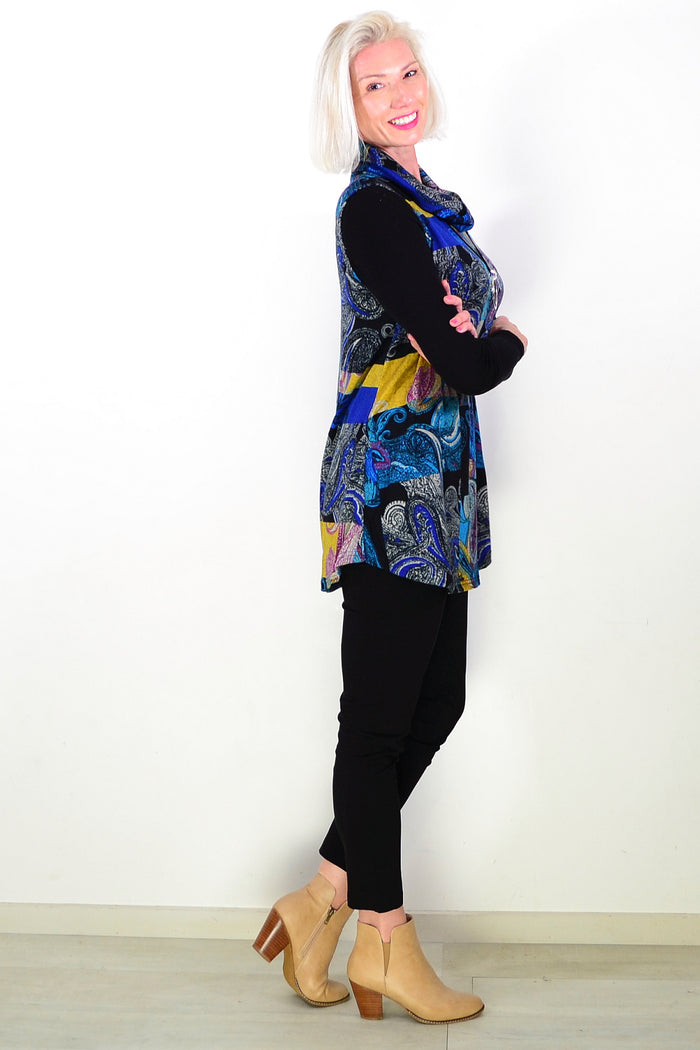 Blue Yellow Paisley Print Cowl Neck Tunic Top