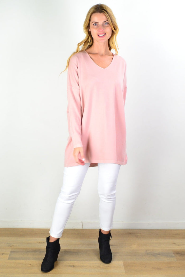 Blush pink wool blend fine knit tunic top by Cali&Co, featuring a cozy, relaxed fit with long sleeves and a round neckline.