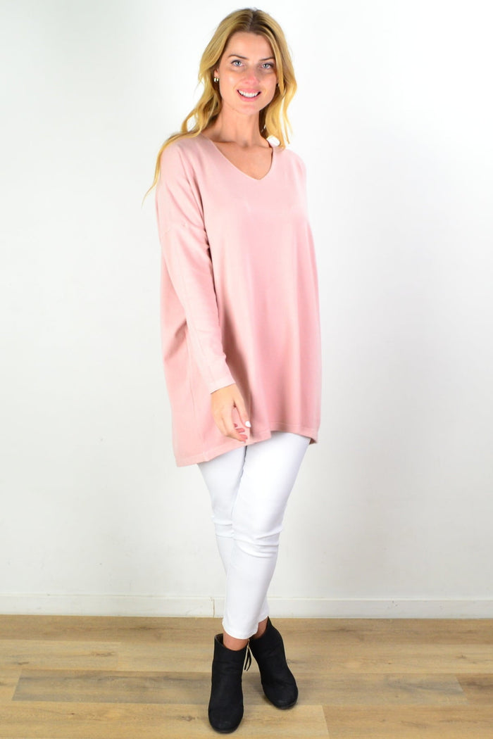 Blush pink wool blend fine knit tunic top by Cali&Co, featuring a cozy, fitted design and long sleeves.