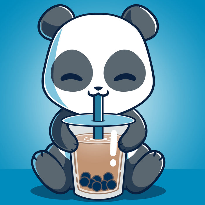 Premium Cotton T-shirt_TeeTurtle cobalt blue Boba Panda apparel featuring a panda sitting and happily drinking bubble tea with a straw from a large cup.