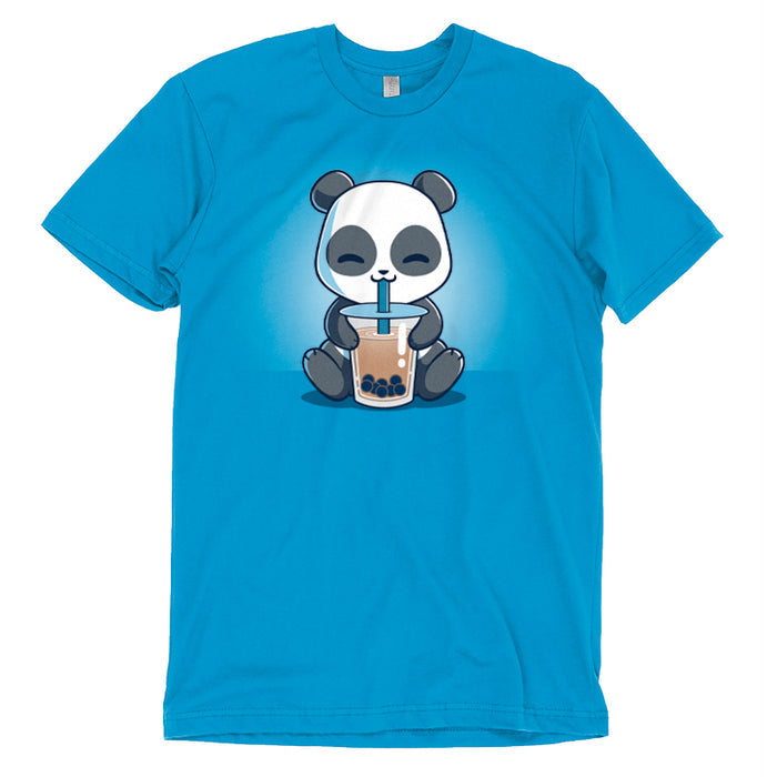 Premium Cotton T-shirt_TeeTurtle cobalt blue Boba Panda apparel featuring a panda sitting and happily drinking bubble tea with a straw from a large cup.