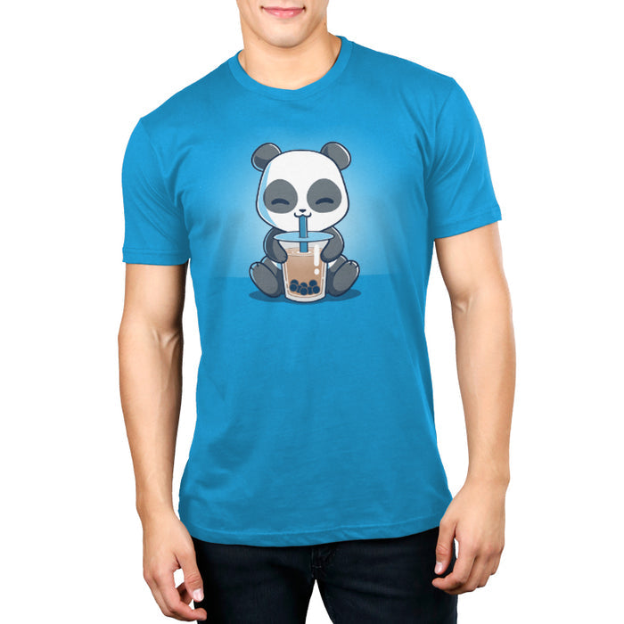Premium Cotton T-shirt_TeeTurtle cobalt blue Boba Panda apparel featuring a panda sitting and happily drinking bubble tea with a straw from a large cup.