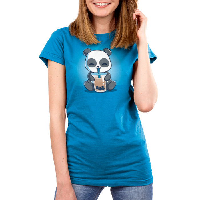 Premium Cotton T-shirt_TeeTurtle cobalt blue Boba Panda apparel featuring a panda sitting and happily drinking bubble tea with a straw from a large cup.