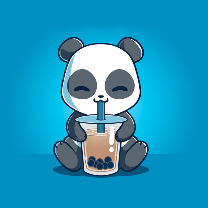 Classic Cotton T-shirt_TeeTurtle sapphire blue Boba Panda apparel featuring a panda sitting and happily drinking bubble tea with a straw from a large cup.