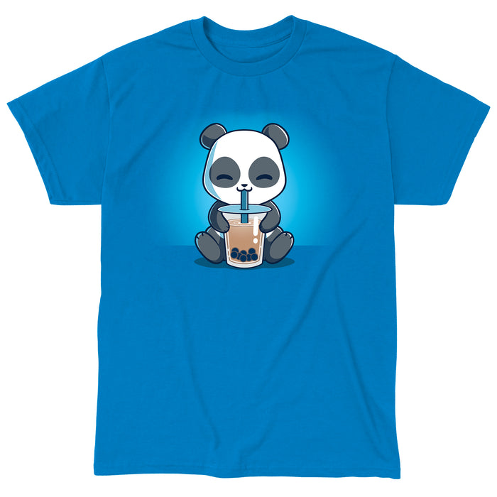 Classic Cotton T-shirt_TeeTurtle sapphire blue Boba Panda apparel featuring a panda sitting and happily drinking bubble tea with a straw from a large cup.