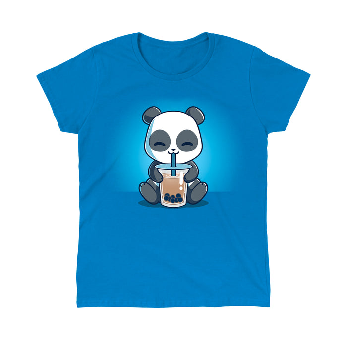 Classic Cotton T-shirt_TeeTurtle sapphire blue Boba Panda apparel featuring a panda sitting and happily drinking bubble tea with a straw from a large cup.