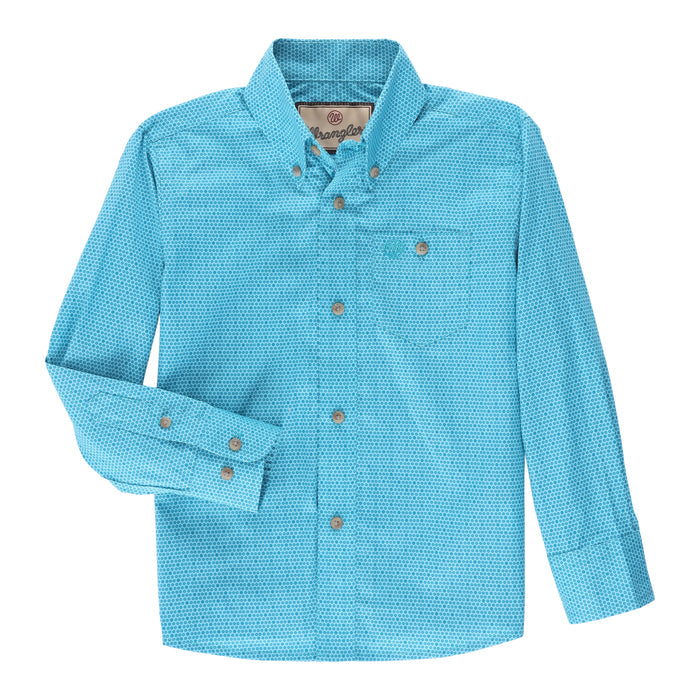 Boy's Wrangler Classic Button Down Print Shirt- Teal Disc