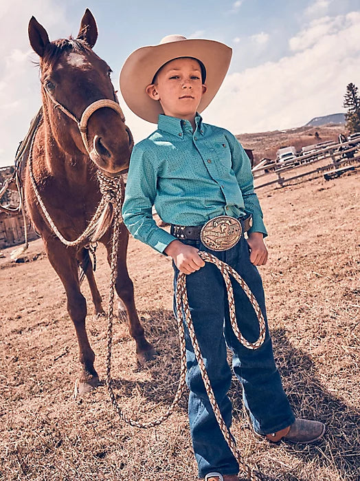 Boy's Wrangler Classic Button Down Print Shirt- Teal Disc