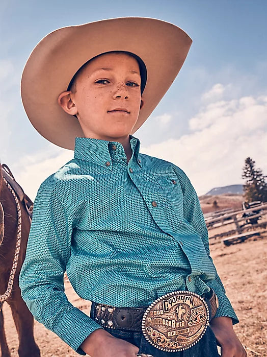 Boy's Wrangler Classic Button Down Print Shirt- Teal Disc
