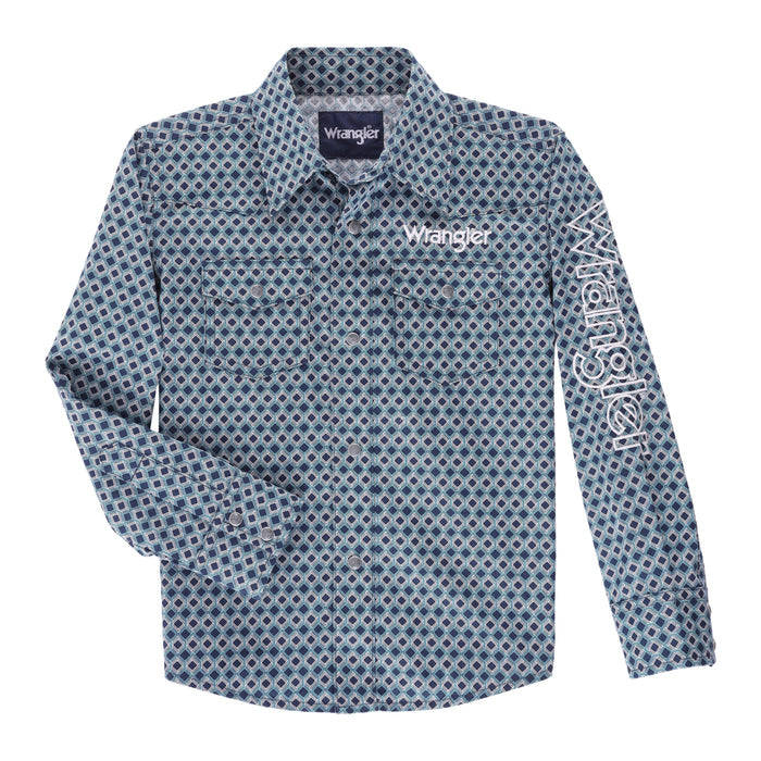 Boy's Wrangler Logo Long Sleeve Western Snap Shirt- Navy