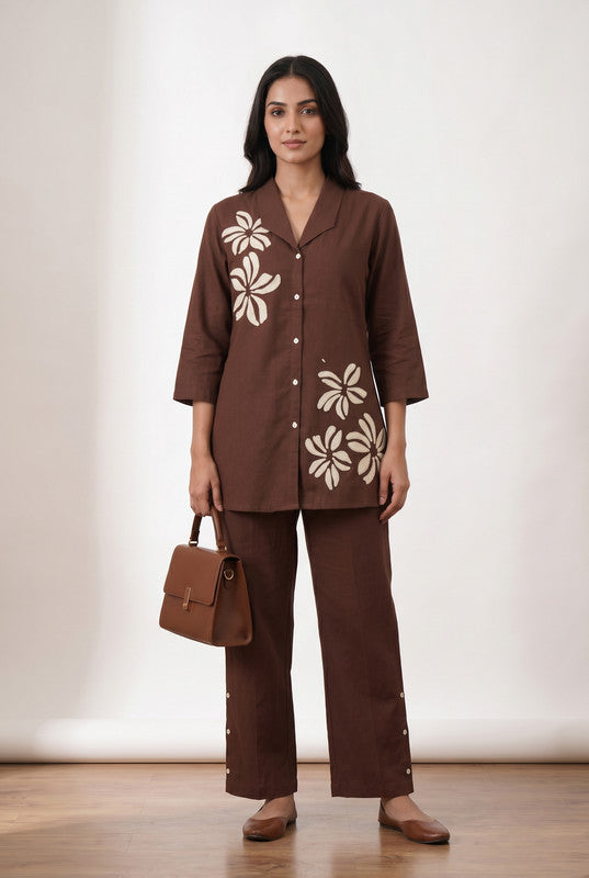 Brown Embroidered Shirt & Straight Pant Cotton Flex Co-ord Set