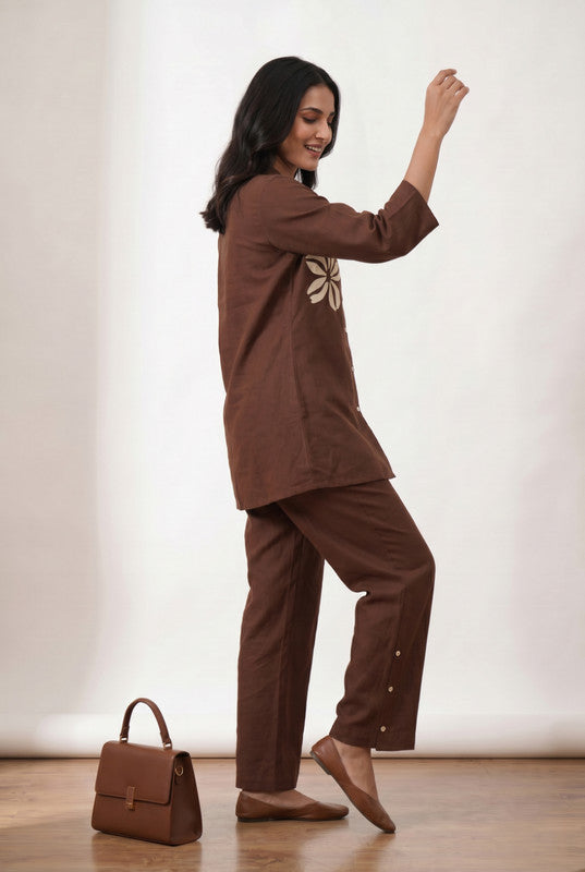 Brown Embroidered Shirt & Straight Pant Cotton Flex Co-ord Set