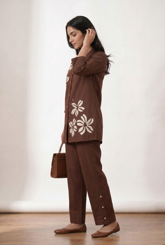 Brown Embroidered Shirt & Straight Pant Cotton Flex Co-ord Set