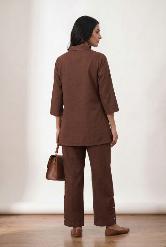 Brown Embroidered Shirt & Straight Pant Cotton Flex Co-ord Set