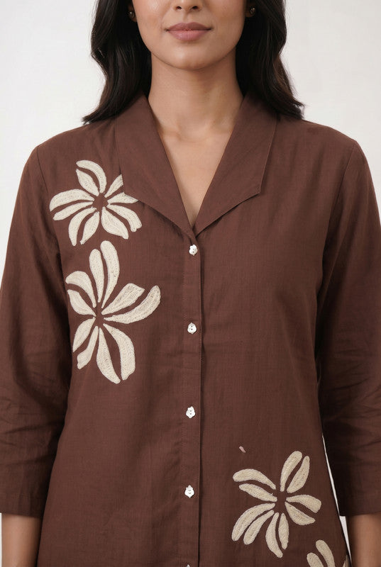 Brown Embroidered Shirt & Straight Pant Cotton Flex Co-ord Set