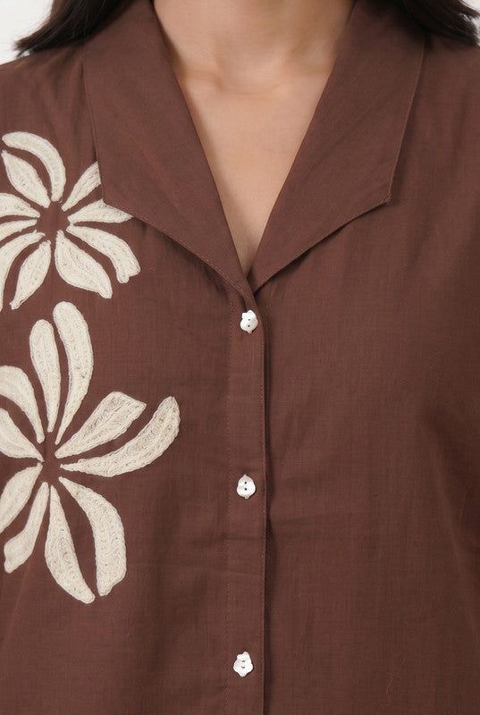 Brown Embroidered Shirt & Straight Pant Cotton Flex Co-ord Set