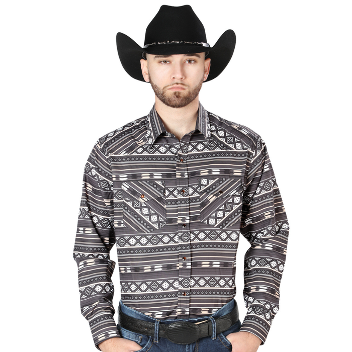 Model wearing El General men’s Brown Geometric print long sleeve Western shirt