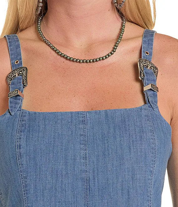 Buckle Square Neck Fit-And Flare Denim Dress by Rock & Roll Denim
